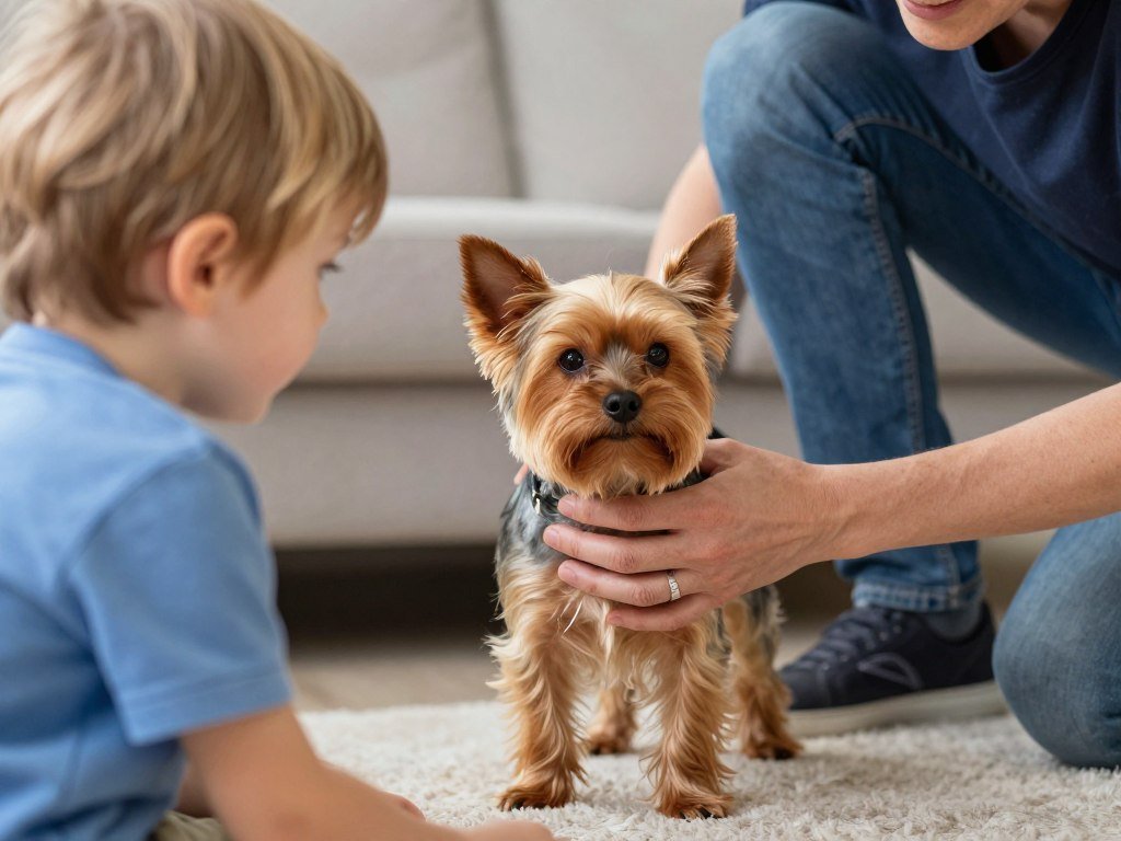 Yorkshire Terrier safely interacting with child under supervision