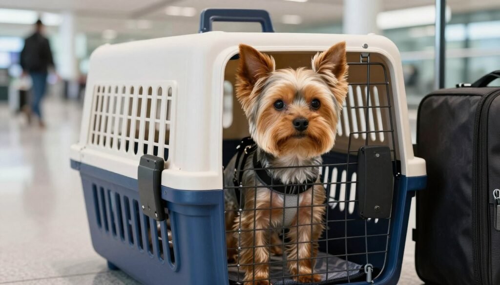 Yorkshire Terrier traveling in carrier