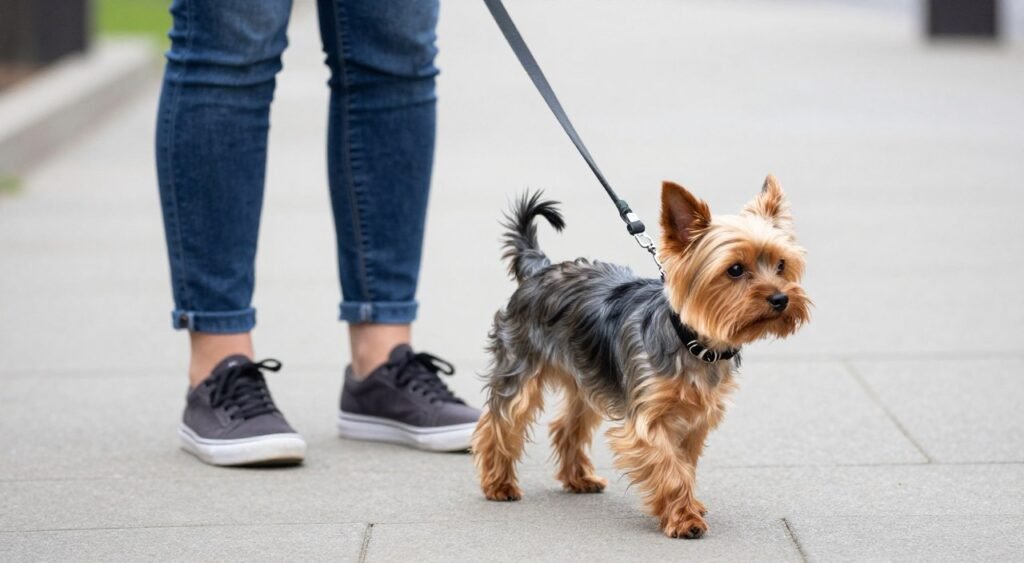 Yorkshire Terrier walking properly on leash