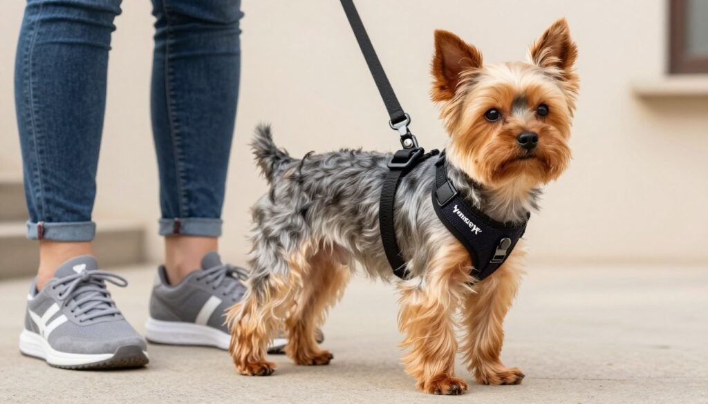 Yorkshire Terrier wearing harness instead of collar