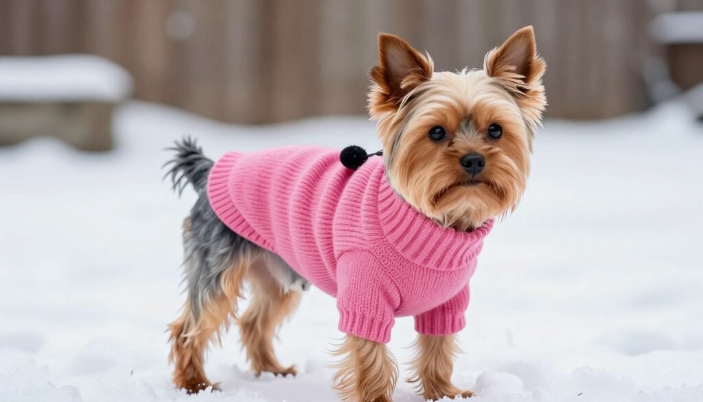 Yorkshire Terrier wearing protective winter clothing